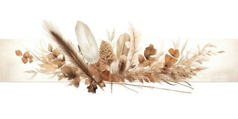 Watercolor Boho Dried Grass Set with Pampas Grass Border - Immerse yourself in the whimsical beauty of a watercolor boho dried grass set Generative AI Digital Illustration