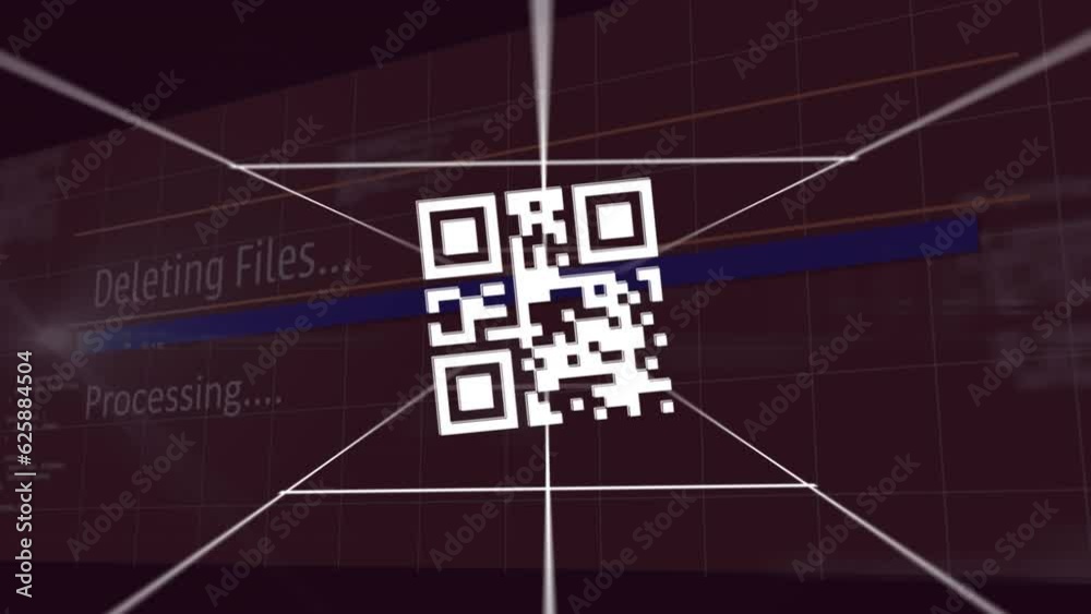 Poster animation of qr codes between lines over texts and computer language against black background