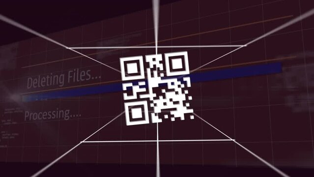 Animation of qr codes between lines over texts and computer language against black background