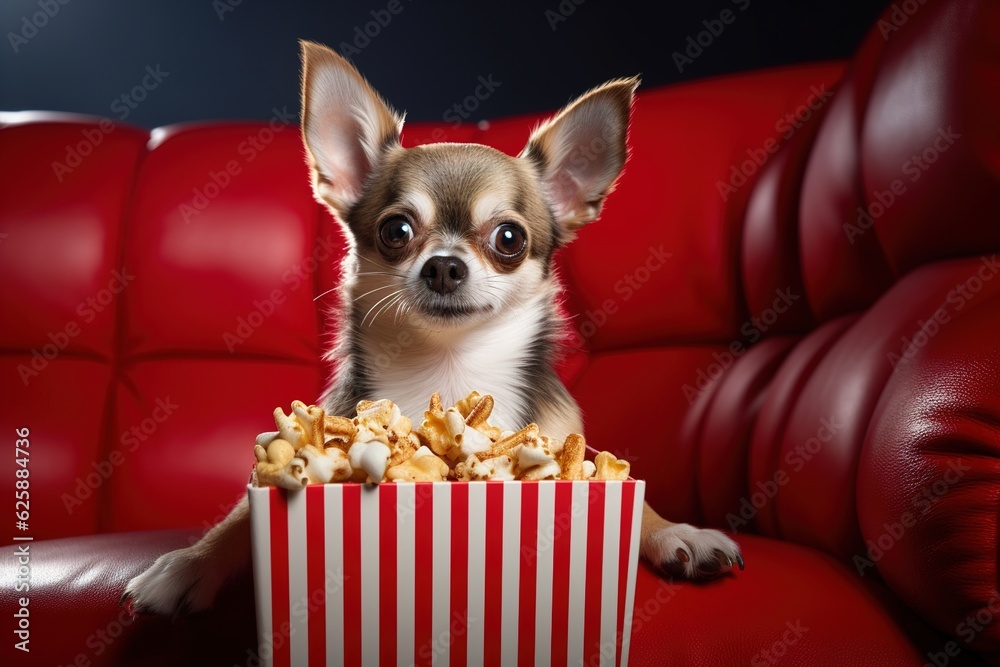 Poster chihuahua sitting in cinema with popcorn.
