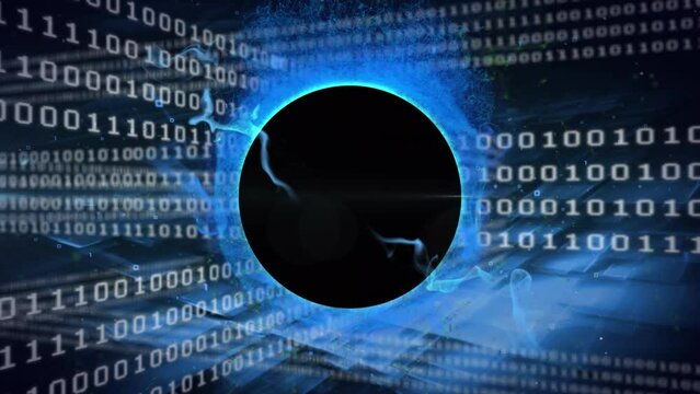 Animation of wave pattern around black globe over looping binary codes against abstract background