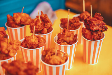 Karaage fried chicken in a cup in Japanese street food festival at Tokyo Japan - 625884917
