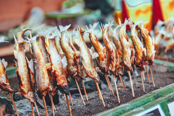 Japanese grill fish Ayu in street food festival in Tokyo Japan - 625884932