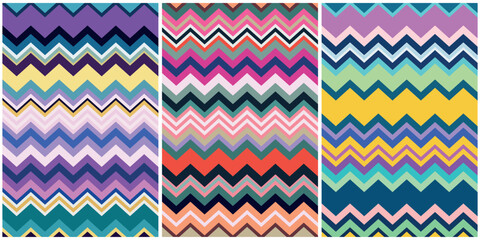 Colored background set with zigzag patterns. Vector illustration.
