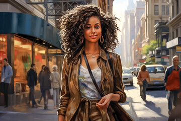 Fashionable african american woman with curly hair posing in a city street. Stylized photography. Generative AI