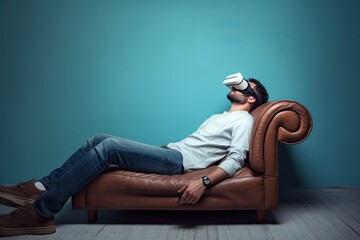 Man in VR headset lying on psych couch. Photo generative AI - obrazy, fototapety, plakaty