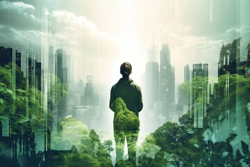 Person contemplating in city with natural trees. Photo generative AI - obrazy, fototapety, plakaty