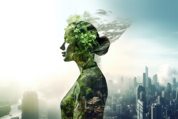 Person contemplating in city with natural trees. Photo generative AI