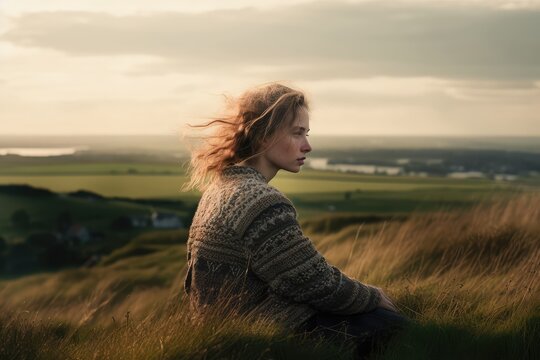 Mature woman in Fair Isle sweater overlooking Møn countryside in storm light. Photo generative AI