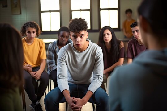Sad Hispanic teen shares bad news with classmates; multiracial teens comfort him in class. Photo generative AI