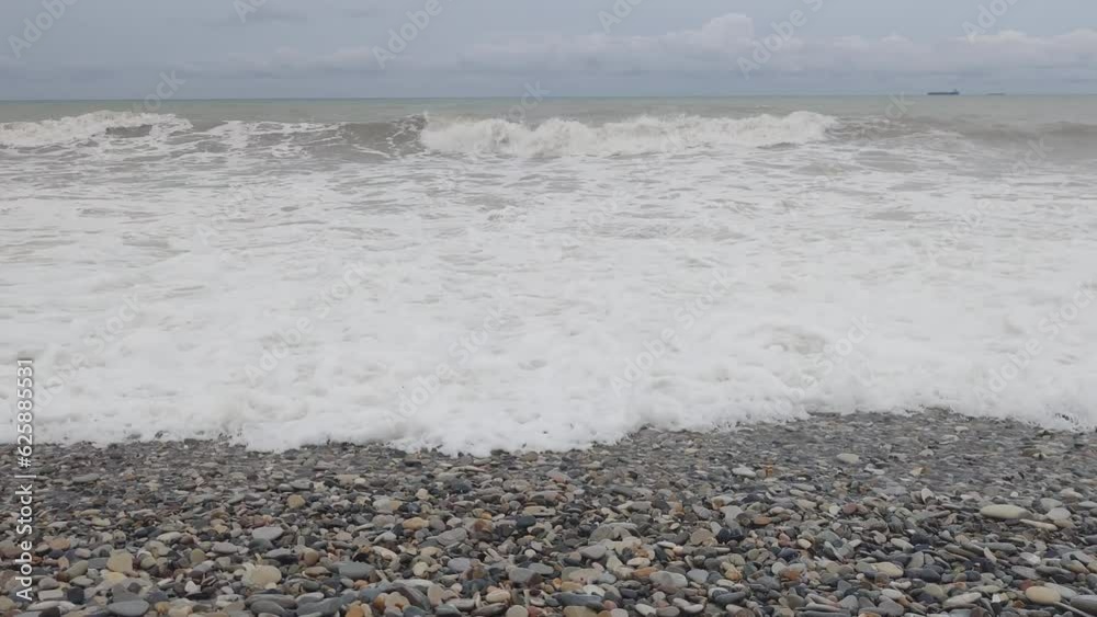 Poster sea with waves in cloudy weather.