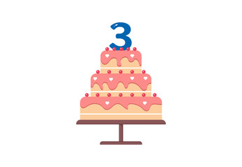 Festive cake flat icon. Three years. Vector illustration
