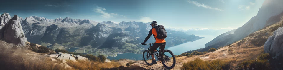 Keuken spatwand met foto cyclist at the edge of the cliff and mountain view © Vector Market