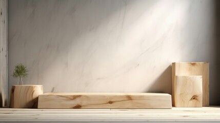 Fototapeta na wymiar Rustic wood podium in white clean room, marble wall and floor. Generative AI