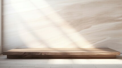 Rustic wood podium in white clean room, marble wall and floor. Generative AI