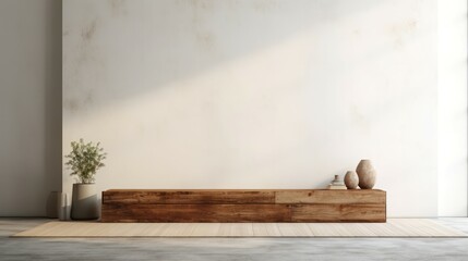 Rustic wood podium in white clean room, marble wall and floor. Generative AI
