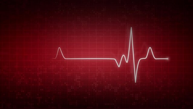 Display on monitor pulse line. Medical screen with animated looped red background with grid. Animation electrocardiogram heartbeat. Copy space.