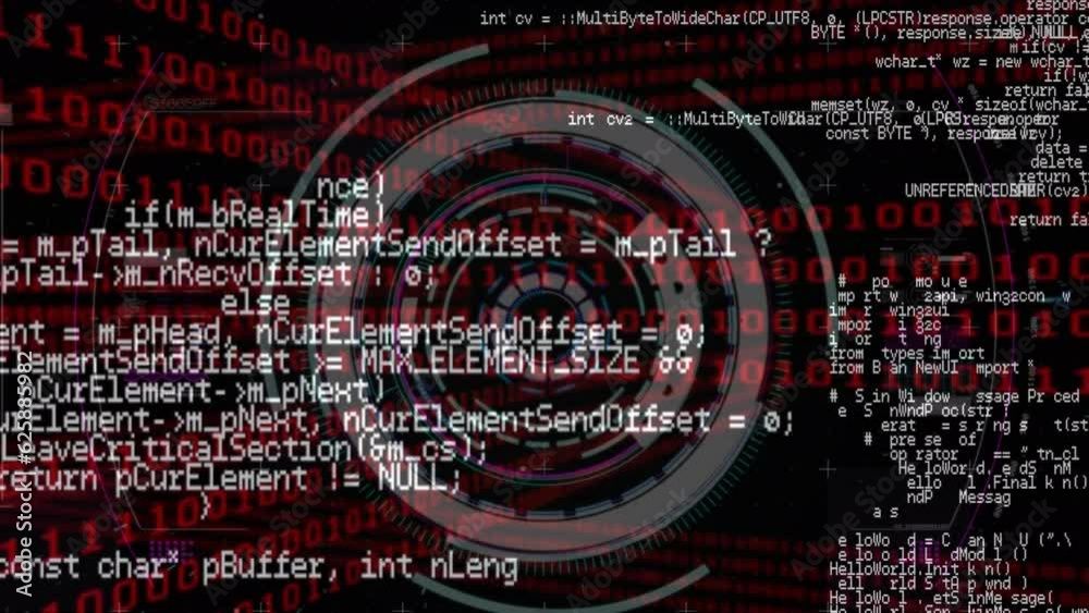Poster animation of computer language over circles against binary codes on black background