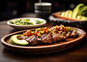 Bistec a la Mexicana revealing the grilled steak's enticing textures, accompanied by a bowl of spicy salsa and avocado slices