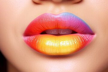 Close up of woman's lips with colorful pink, red, yellow and blue lipstick