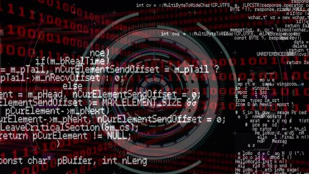 Animation of computer language over circles against binary codes on black background