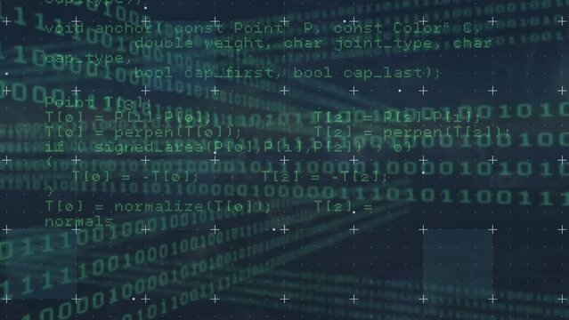 Animation of computer language over squares against looping binary codes on black background