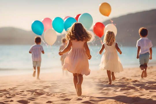 Group Of Girls And Boys From Behind Running Of Balloons At Beach
