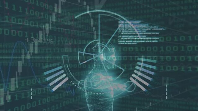 Animation of loading circles over human representation, letters, numbers, graphs on binary codes