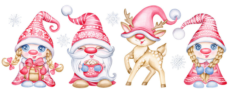 Cute Christmas Scandinavian gnomes, set hand drawn watercolor illustration. Cartoon nordic girl gnomes, gnome with coffee mug and funny christmas deer in santa hat and snowflakes for holiday card © MarinadeArt