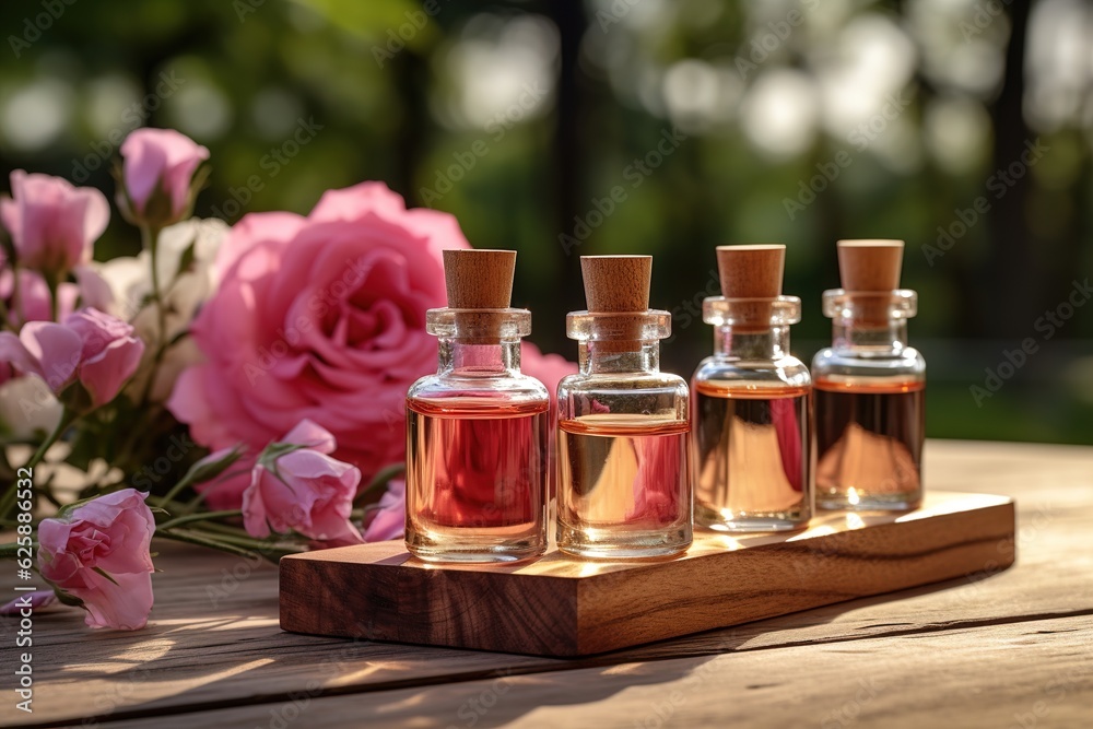 Poster Bottles of essential rose oil and flowers on wood.