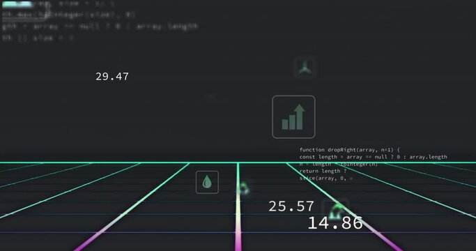 Animation of icon in squares over changing numbers and computer language on black background