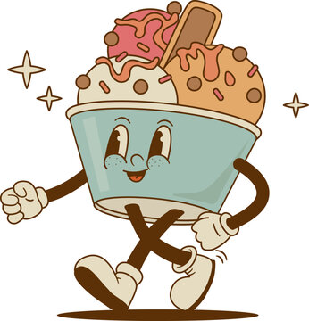 Retro cartoon funny Ice cream character, cute mascot. Vintage frozen sweet food vector illustration. Nostalgia 60s, 70s, 80s