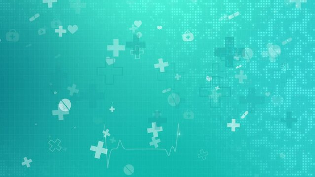 Abstract geometric medical symbols crosses, pills, first aid kits fall down. Green hospital background with dots and cardiogram line. Seamless motion graphics.