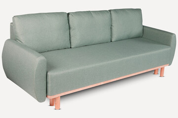 side view of Three seats cozy modern designed sofa with light green color fabric on wooden legs isolated on white background