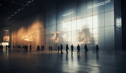 Fototapeta na wymiar Silhouettes of people walking in the corridor of modern office building
