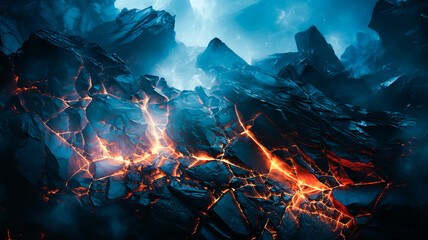Dark organic rock background with hot and smouldering embers and fire beneath the cracks. Created with Generative AI. 