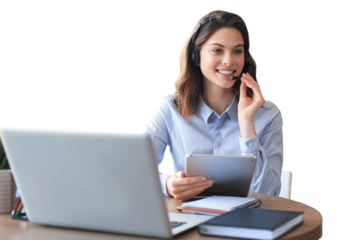 Freelance business women using tablet working call video conference with customer on a transparent background