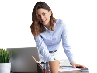Confident young businesswoman with a friendly smile standing behind her desk looking at the camera on a transparent background