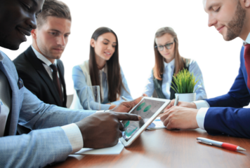 Business adviser analyzing financial figures denoting the progress in the work of the company on a transparent background