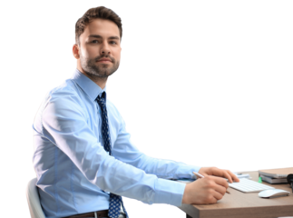 Young modern business man working using computer while sitting on a transparent background