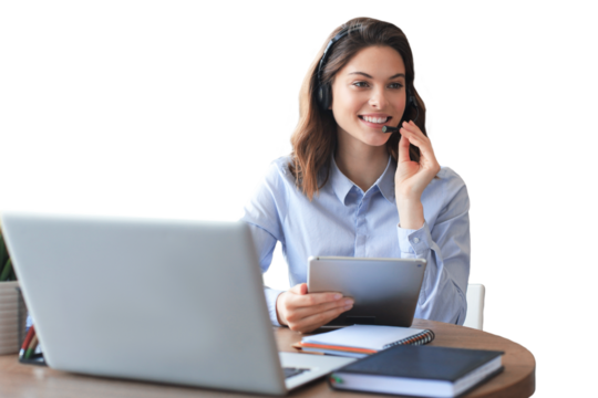 Freelance business women using tablet working call video conference with customer on a transparent background
