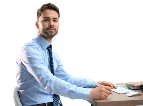 Young modern business man working using computer while sitting on a transparent background