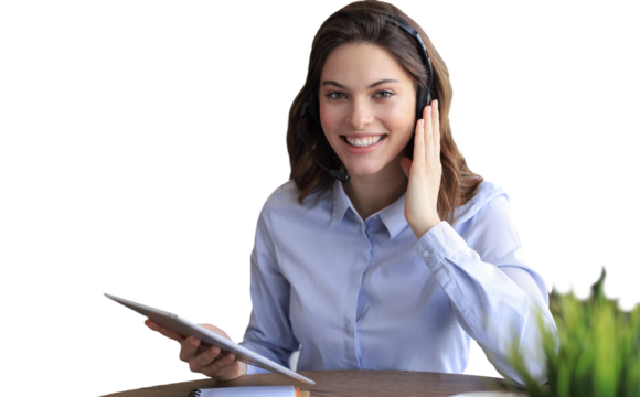 Female customer support operator with headset and smiling on a transparent background