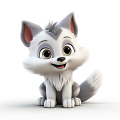 Cute Wolf, 3D Cartoon, friendly, solid white background