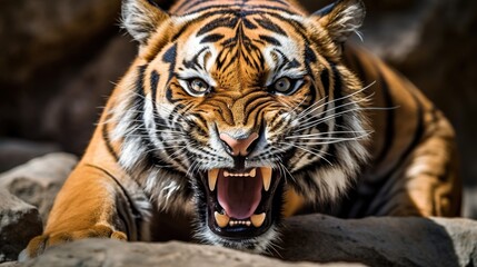 Furious tiger growling and sprinting aggressively, wildlife, action shot, with generative AI. © Svfotoroom