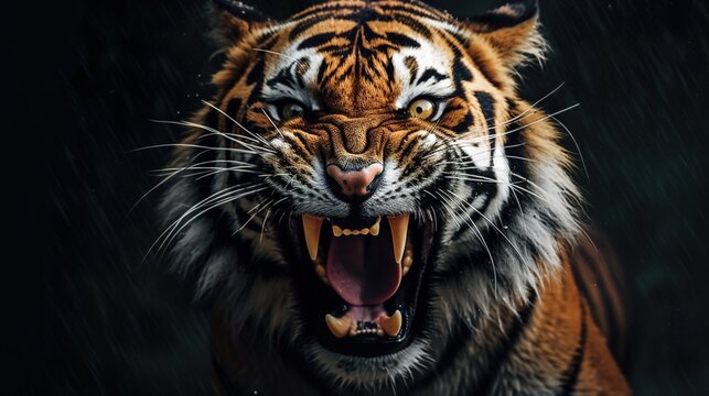 Furious tiger growling and sprinting aggressively, wildlife, action shot, with generative AI.