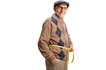 Elderly man measuring waist with a tape