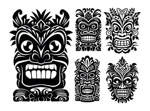 Hawaiian ethnic tiki god head set. Tribal totem mask black silhouette vector illustration.