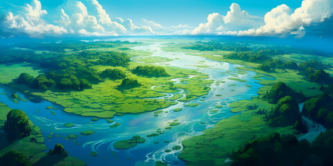 Fototapeta na wymiar aerial view of a river delta with lush green vegetation and winding waterways Generative AI