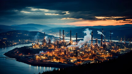 Fototapeta premium Aerial view of a sprawling industrial complex with smokestacks and warehouses. Generative Ai